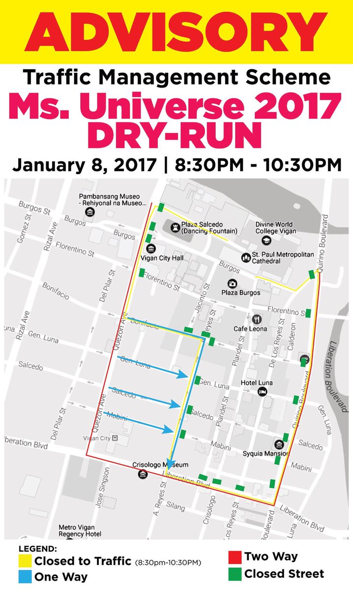 ViganPH's tweet photo. Please be guided on the Traffic Management Scheme Dry Run in preparation of the Miss Universe 2017 Pre-pageant in Vigan on January 15, 2017. https://t.co/W6Awuid37L