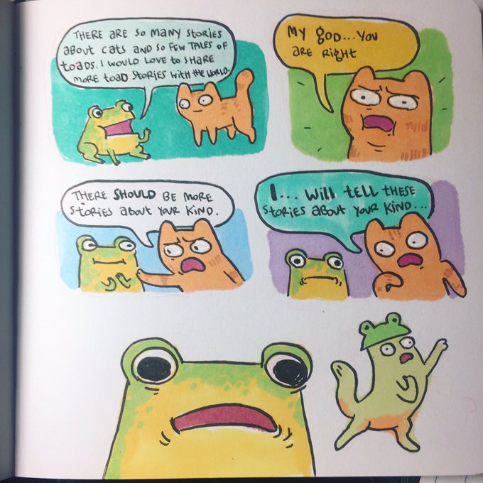 Un comics avec une grenouille et un chat. La grenouille explique au chat qu'il y a beaucoup d'histoires de chats mais très peu d'histoire de grenouilles et qu'elle aimerait raconter des histoires de grenouilles. Le chat a une illumination, lui dit : Mais tu as raison, il faut plus d'histoires de grenouilles ! Je vais aller raconter des histoires sur les tiens, puis se déguise en grenouilles pour aller raconter des histoires