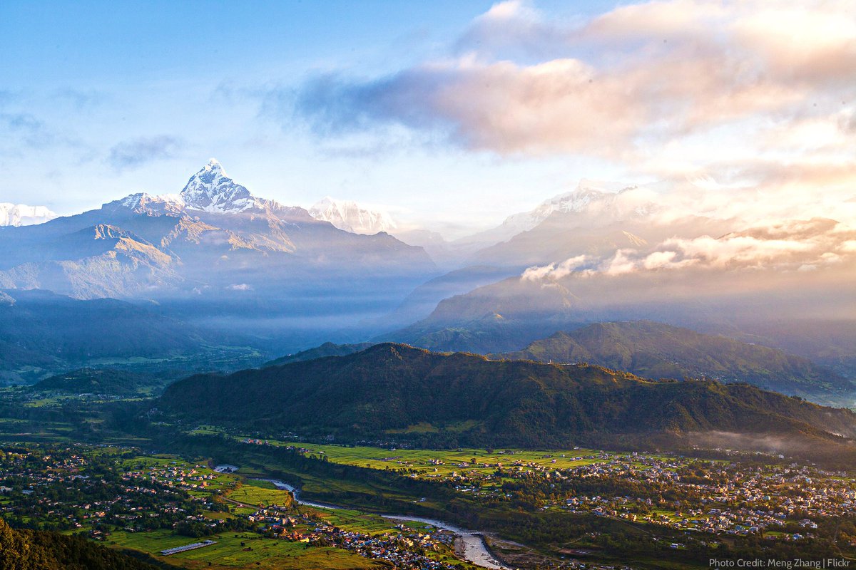 __basu's tweet photo. The Machapuchare ( Mount Fishtail )and Pokhara valley during sunrise.................. https://t.co/LqKzuS7jEB