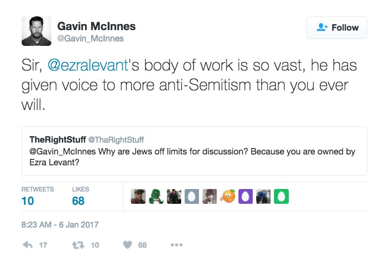 Nice of @TheRebelTV's own @Gavin_McInnes to boast of @ezralevant being...