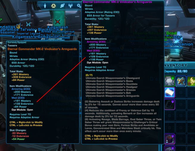 secharigaming's tweet photo. Look at this insanity. I can't believe I am going to equip the armoring and TRADE OUT the purple mod for the blue of the same rating #swtor5 https://t.co/jEiRNe1tEY