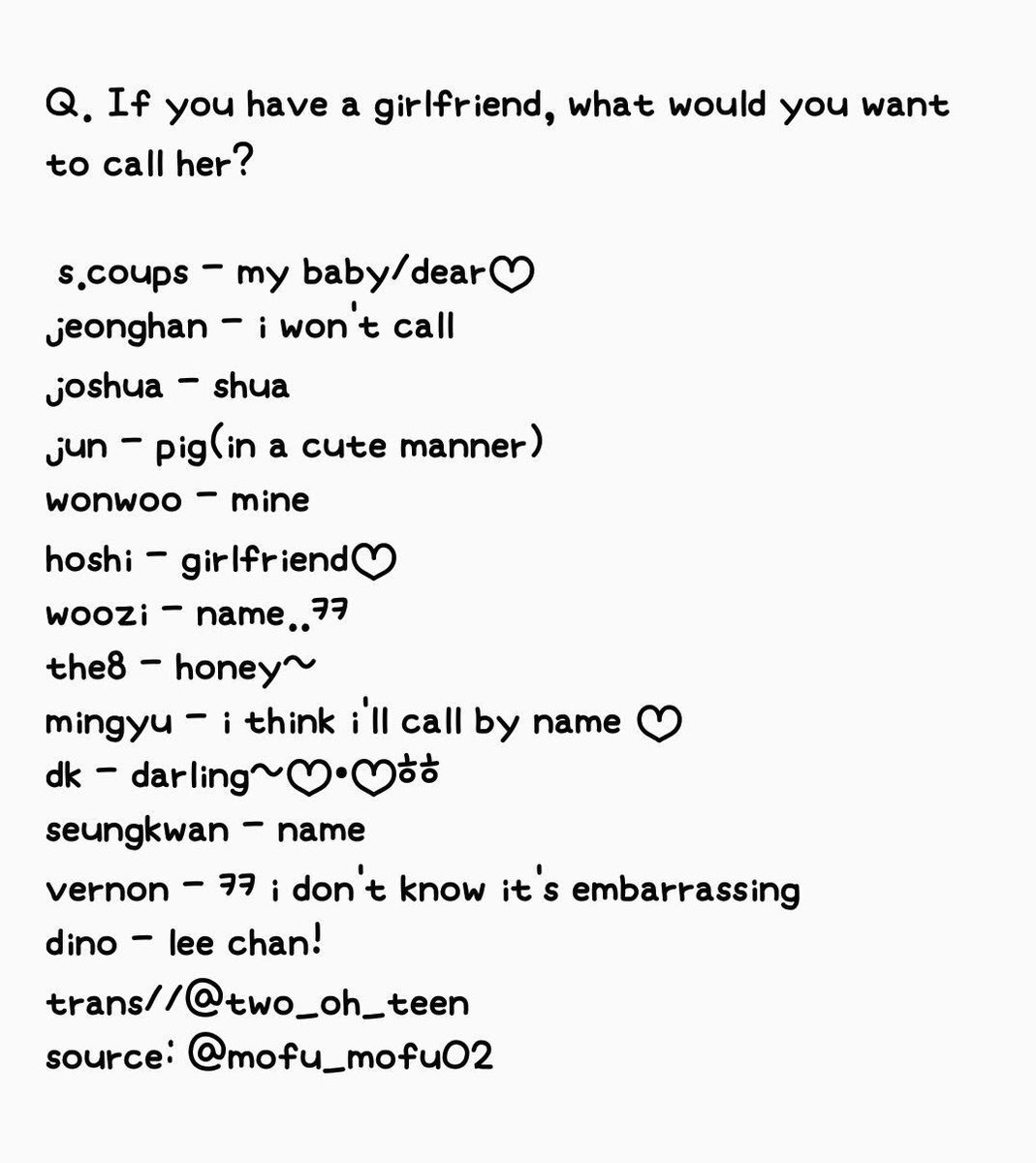 â€œQ: iF YOU HAVE A GIRLFRIEND, WHAT WOULD YOU WANT TO CALL HER?
HOSH...