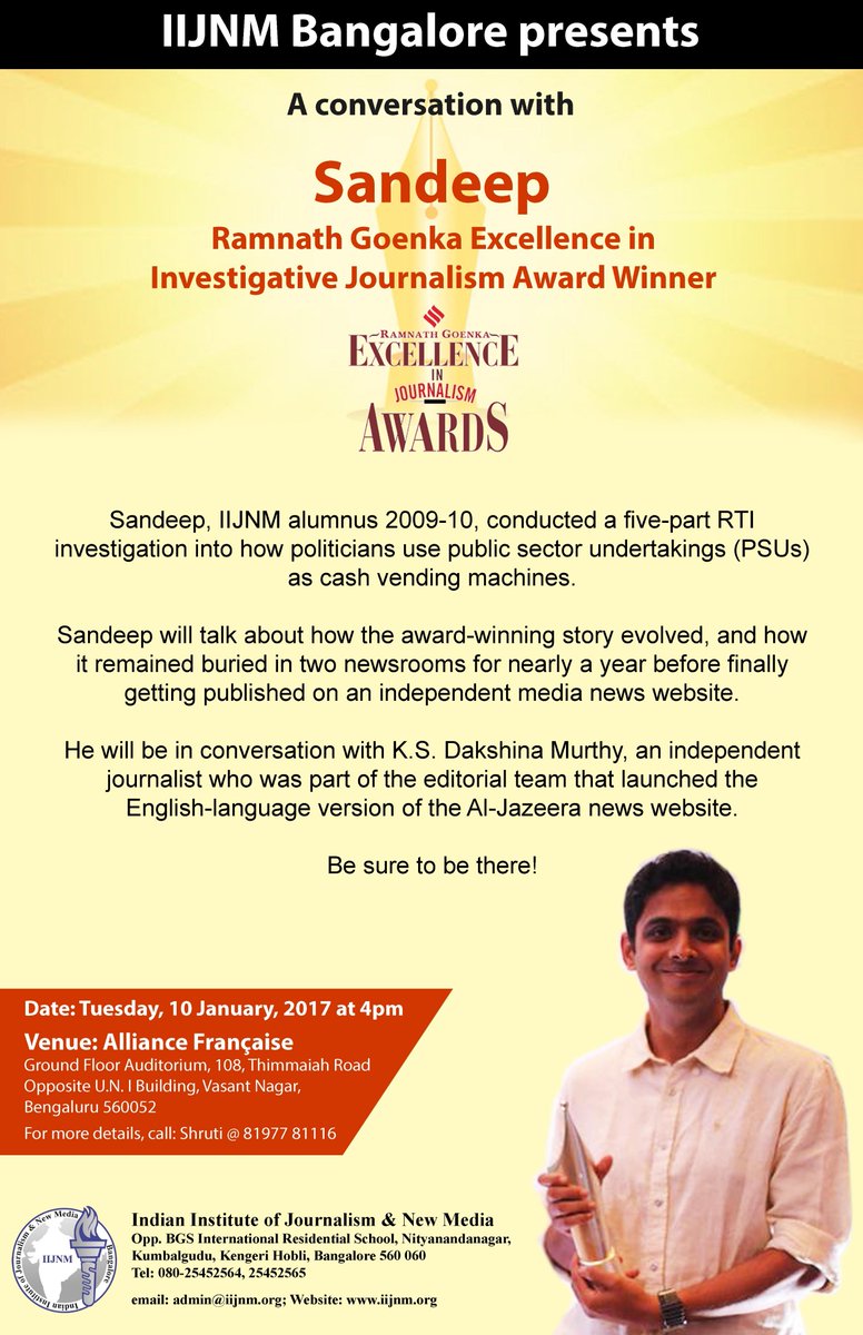 iijnmbangalore's tweet image. Facebook event: facebook.com/events/1724240…

#Sandeeptalks #IIJNM #investigativejournalism #printpods #insertcomma