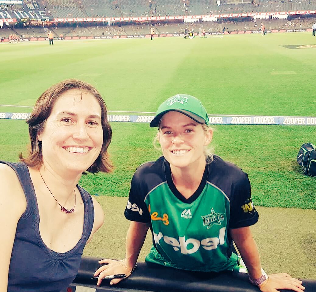 Me, having a TERRIBLE hair day, standing next to cricketer Katie Mack, who looks shockingly fresh despite having played cricket for several hours.