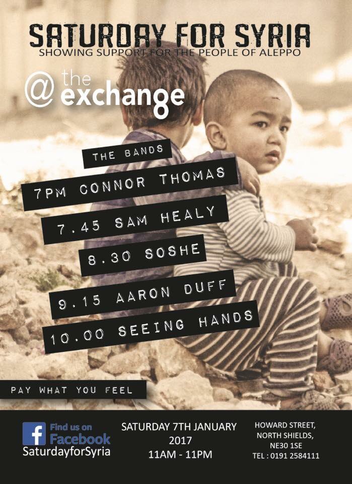TODAY <a href="/TheExchangeIn/">The Exchange</a> #SaturdayForSyria - it's a family day and includes live music. Aaron Duff on 9:15 tonight too. Please RT