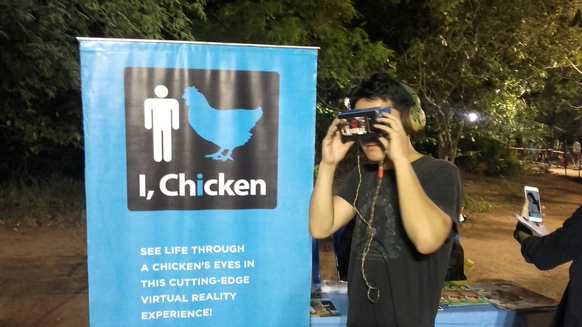 PetaIndia's tweet photo. IIT Chennai at @Saarang_IITM experienced what it is like to be a chicken by trying PETA’s virtual reality tool #iChicken. https://t.co/sJ3kT6xii3
