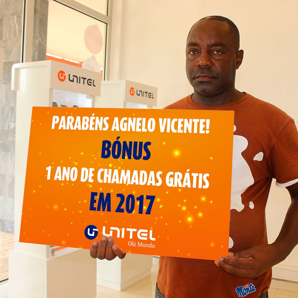 UnitelStp's tweet image. O Agnelo Vicente, no dia 17 de Dezembro, foi um dos clientes que recebeu um bónus de 1 ano de Chamadas Grátis em 2017. Unitel. Olá Mundo.