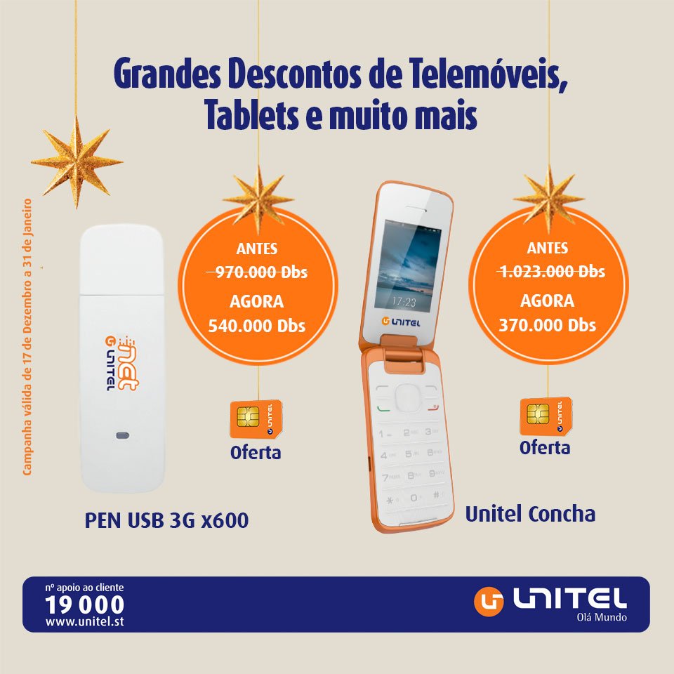 UnitelStp's tweet image. A Unitel oferece-te grandes descontos de telemóveis, tablets e muito mais. #DescontosUnitel #NatalUnitel #MagiaNatal #Descontos