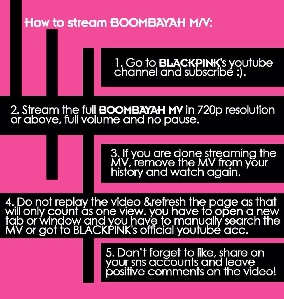 BBU_BLACKPINK's tweet photo. Tomorrow is #BLACKPINK 5th month anniv. There will be mass streaming project for BOOMBAYAH mv to reach 100 M views! https://t.co/e9t4ZWLbFZ