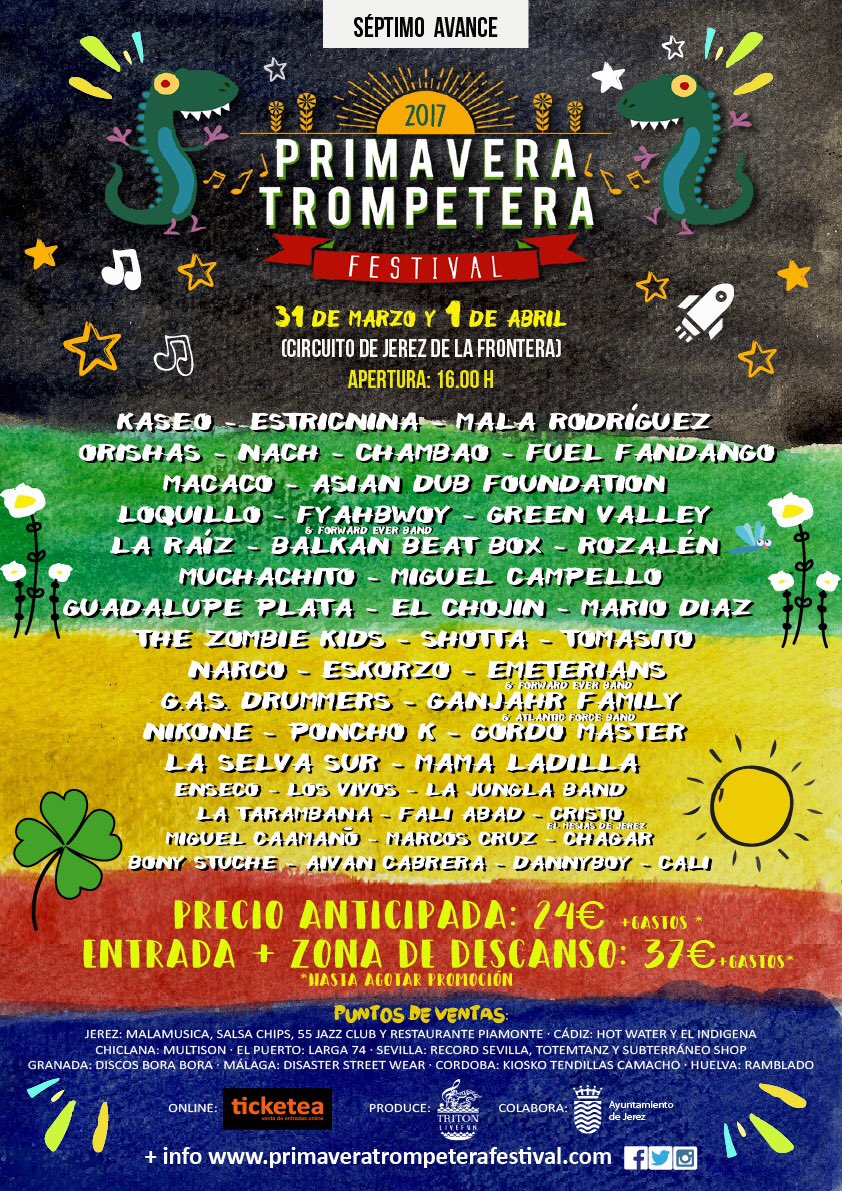 primatrompefest's tweet photo. Ganas de la mejor primavera @orishasoficial @KaseO_real @_Estricnina @malarodriguez @Nachsoyyo @ChambaoOficial @fuelfandango @MacacoMusic https://t.co/GNTbkNpxAi