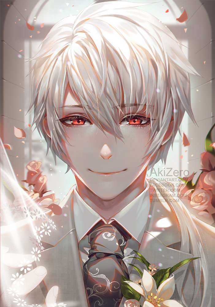 1boy male focus flower red eyes white hair solo necktie  illustration images