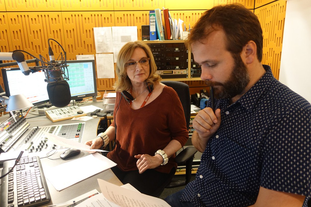 Susan Rae and John Finnemore in the Radio 4 continuity studio