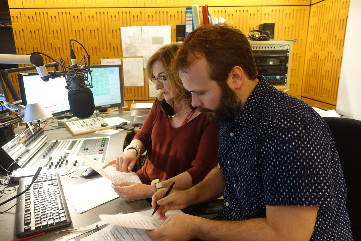 Susan Rae and John Finnemore in the Radio 4 continuity studio