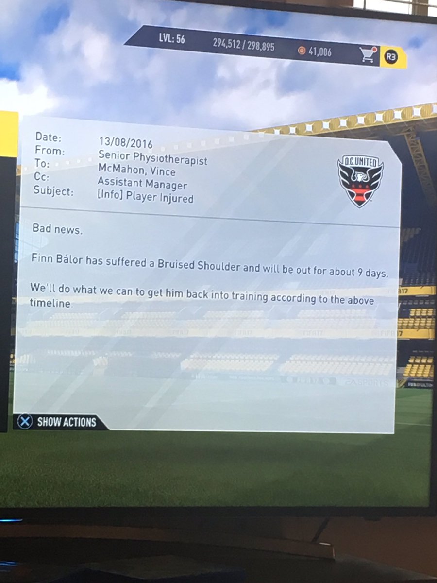 OfficialTKJOE's tweet image. Good news @FinnBalor on FIFA 17 @WWERollins only put you out for 9 days