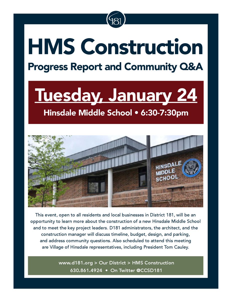 CCSD181's tweet photo. We're scheduled to begin #HMSconstruction this spring - all residents are invited to a Jan. 24 presentation to learn about the project! https://t.co/ivNC3Bnvuj