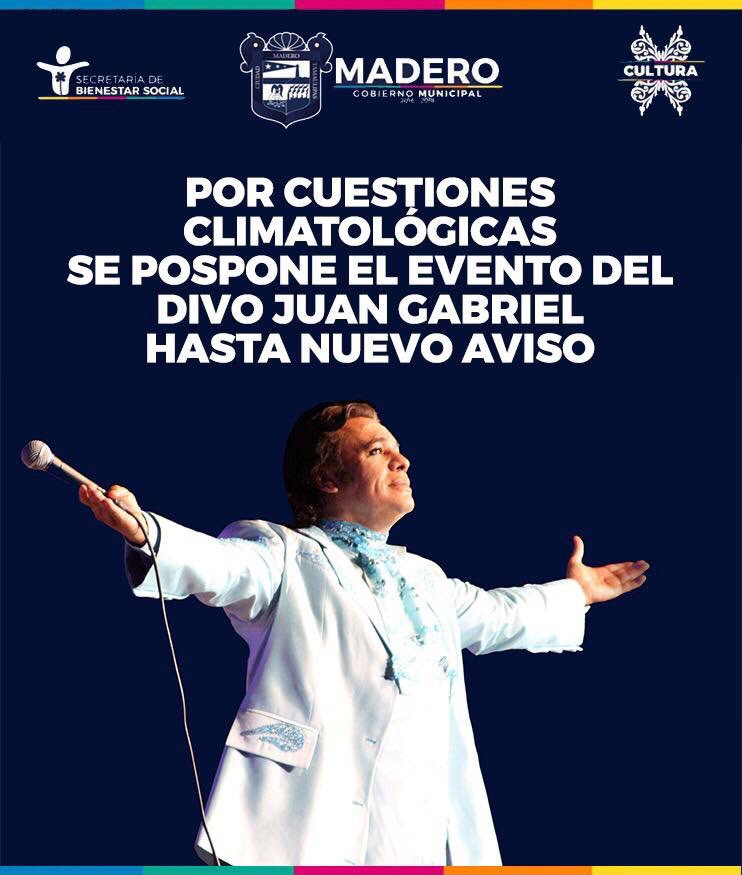 ciudadmaderogob's tweet photo. Por cuestiones climatológicas, se pospone el homenaje a Juan Gabriel, hasta nuevo aviso  #CdMadero https://t.co/4TD73cOFQH