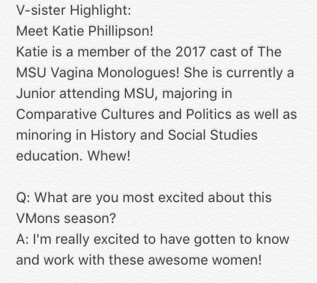 V-Sis Highlight: Katie Phillipson!
Come see Katie &amp; the cast on Jan. 27th &amp; 28th on the Wharton Center stage! Tickets are on sale now!! ❤️