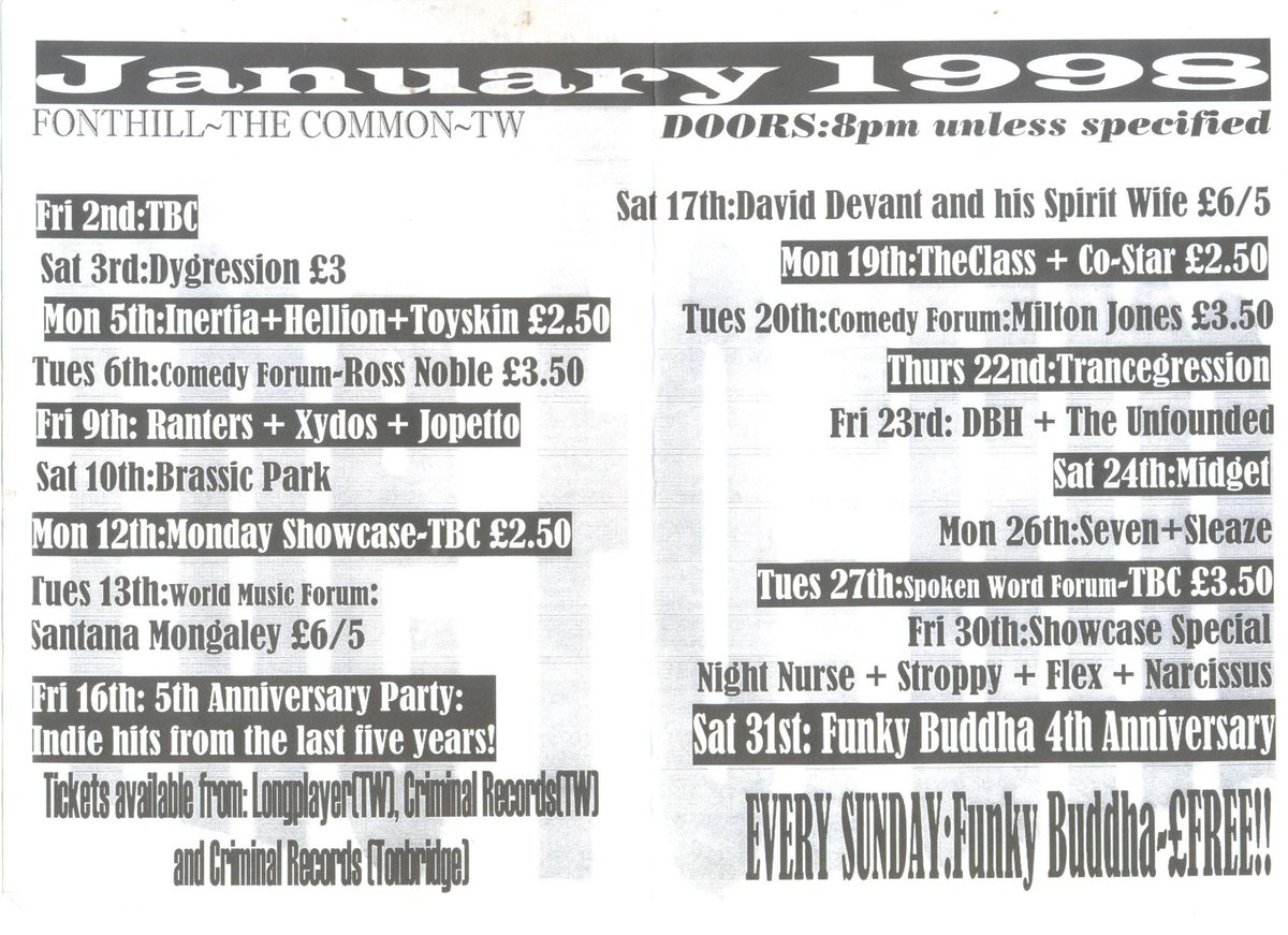 Blam! has been around as long as <a href="/twforum/">tunbridgewellsforum</a> - here's the listings from 1998 - includes 5th Anniversary Party (+ <a href="/realrossnoble/">Ross Noble</a> )
