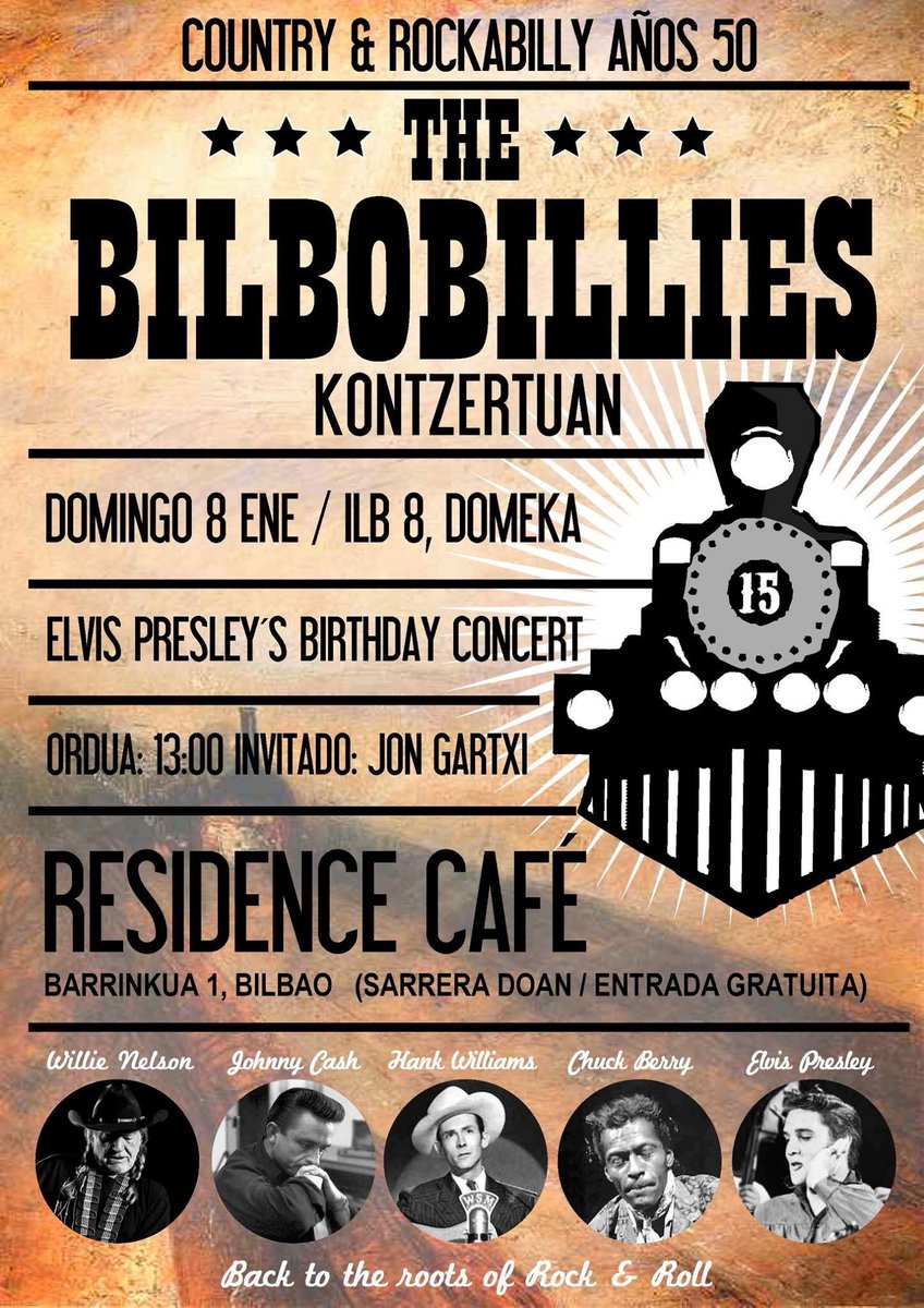 <a href="/bilbobillies/">The Bilbobillies</a> en Residence (Bilbao) mañana, en horario vermouth (13:00-15:00). Elvis Presley's Birthday Concert! <a href="/JonGartxi/">Jon Gartxi</a> as guest artist!