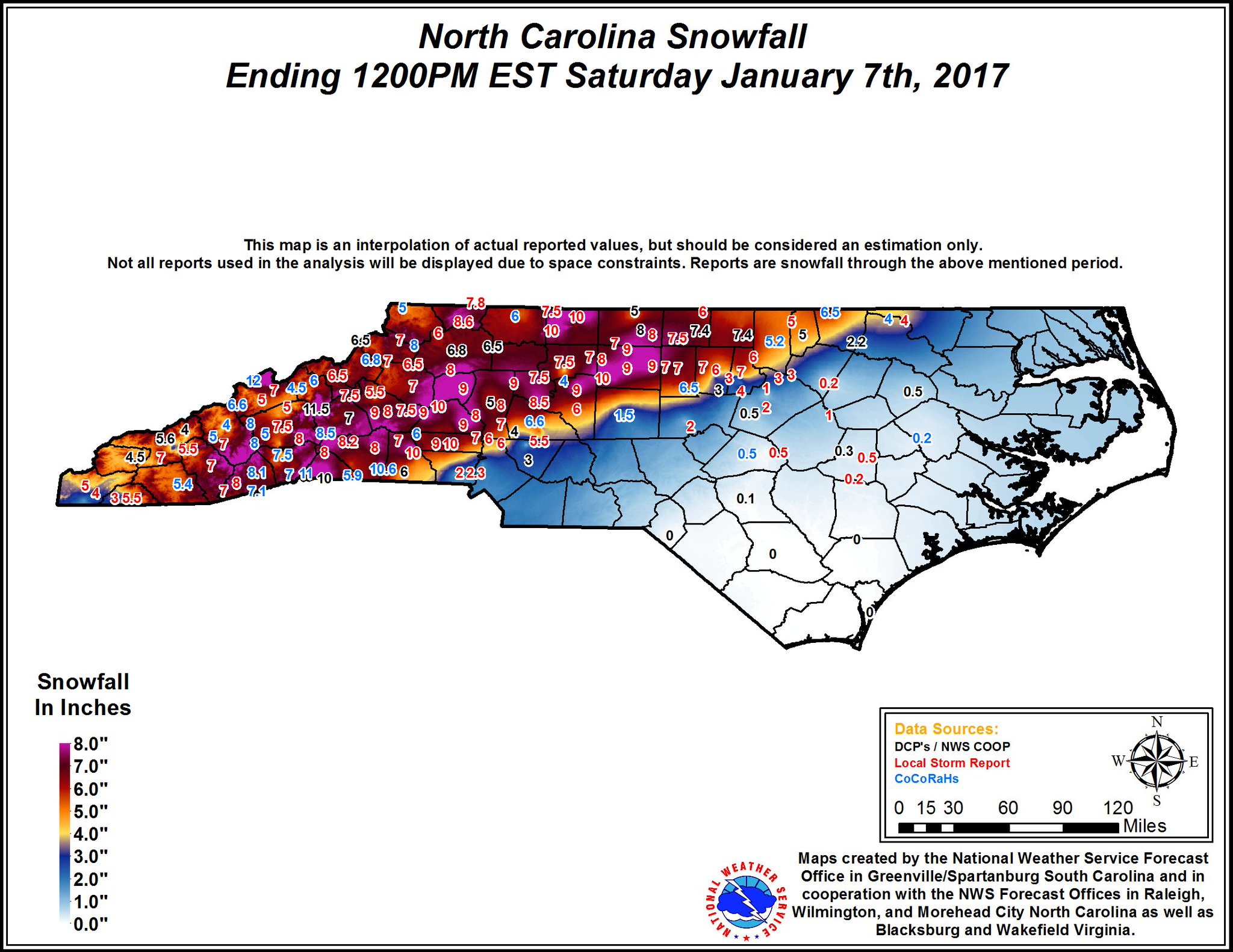 NWS Raleigh on Twitter "Here is a North Carolina snowfall total map