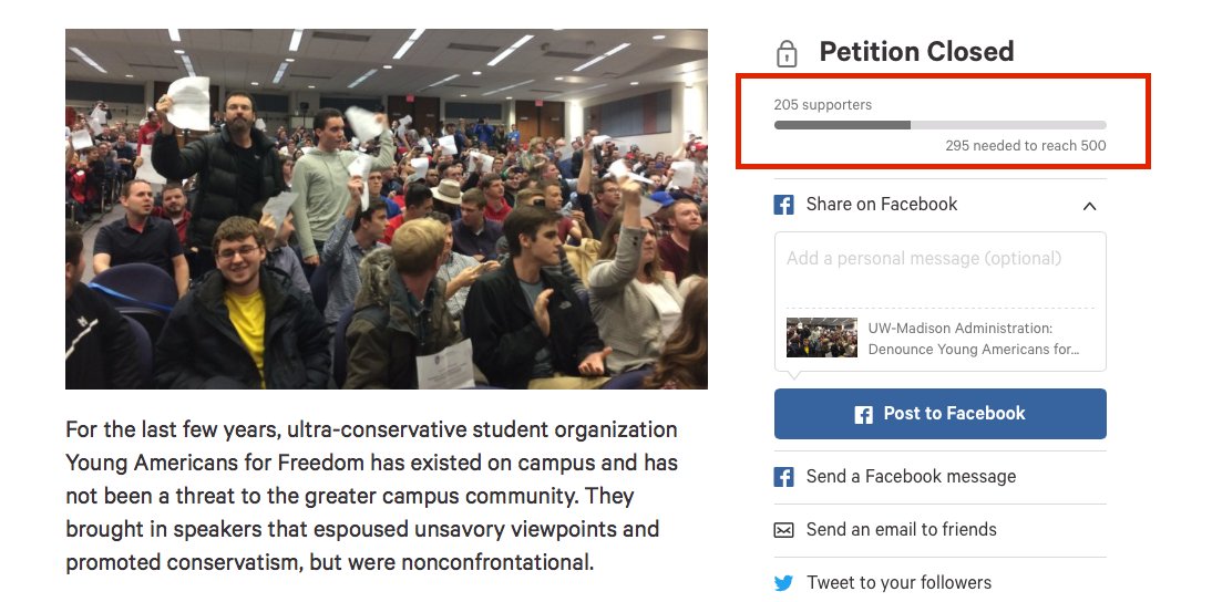 yaf's tweet photo. UW-Madison leftists slapped together a pathetic petition asking the school to denounce its @Y_A_Freedom chapter. https://t.co/TcAUCruFx3 https://t.co/SDAl4fmc5y