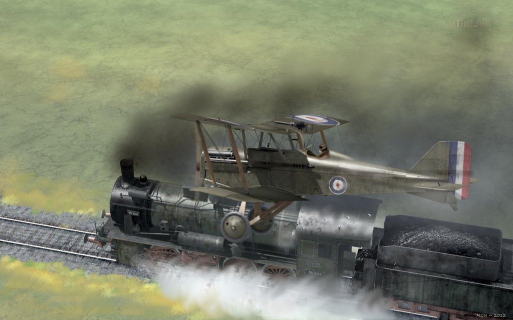 ron_eisele's tweet image. "Strafing Run". A British S.E.5a aircraft attempts to destroy a German supply train locomotive in the French countryside during WWI.