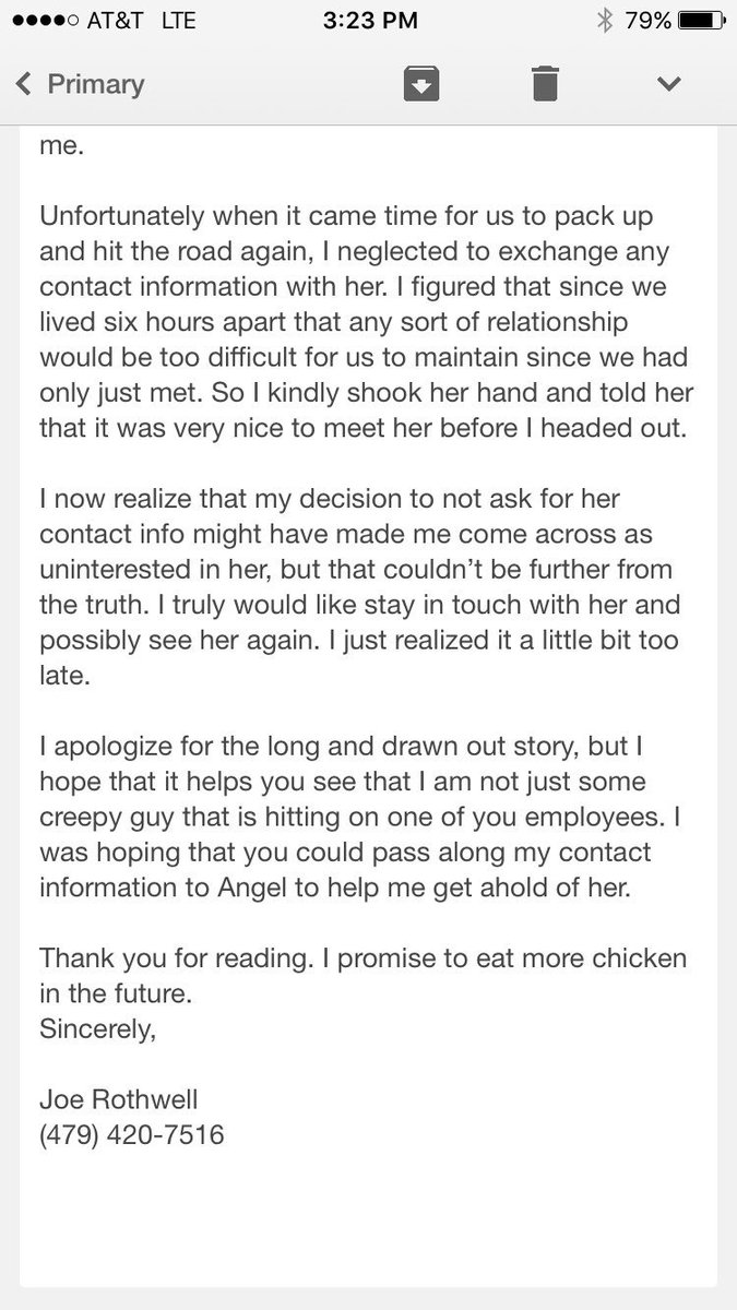 angealeak's tweet photo. SO YOU KNOW THE CHARMING GUY I MET AT CHICK-FIL-A THE OTHER NIGHT? HE EMAILED OUR STORE AND I'M LITERALLY CRYING. https://t.co/orzK1ocdWA