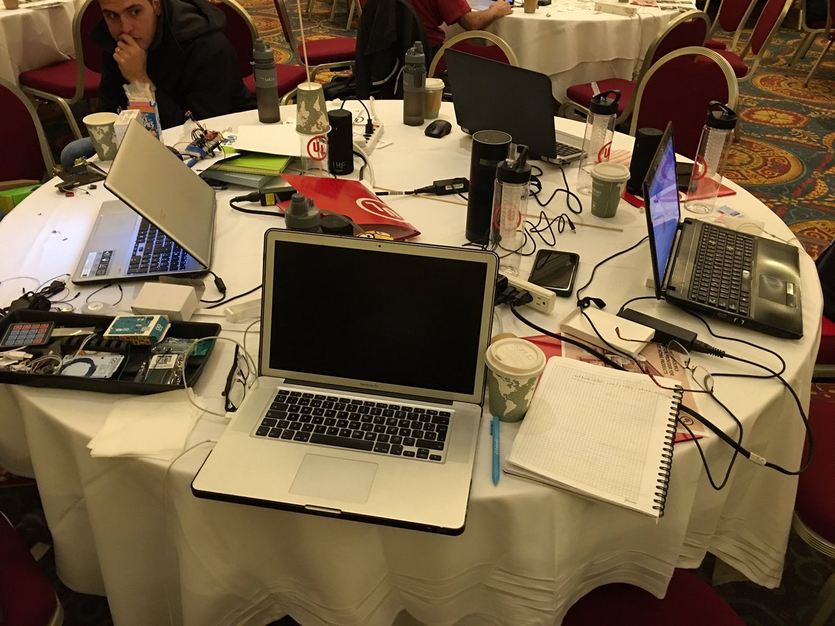 BigSurfDon's tweet photo. #Hackers have #internetofthings gadgets &amp; sensors piled on the tables during @RWW #smartcity #HackCES #hackathon at #CES2017
#InnovateVegas https://t.co/US3xXhBTAs