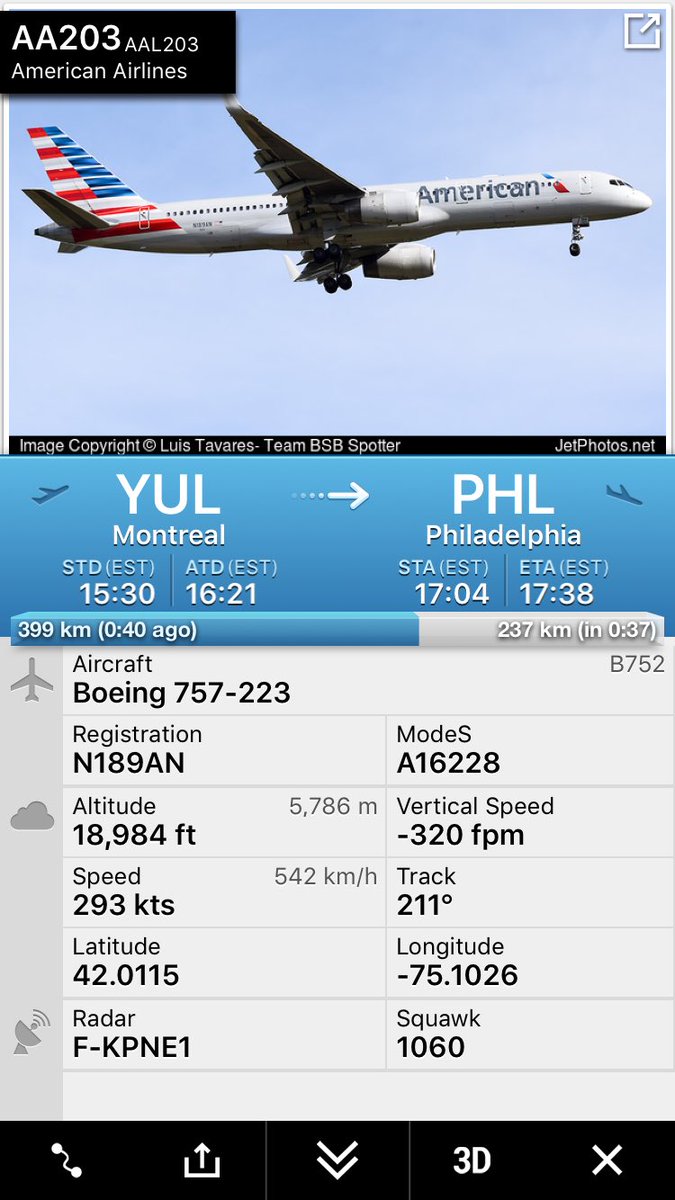 FlightIntl's tweet photo. Flight #AA203 from Amsterdam to Philadelphia diverted earlier to Montreal and continues to PHL now https://t.co/C2u392k1xT
