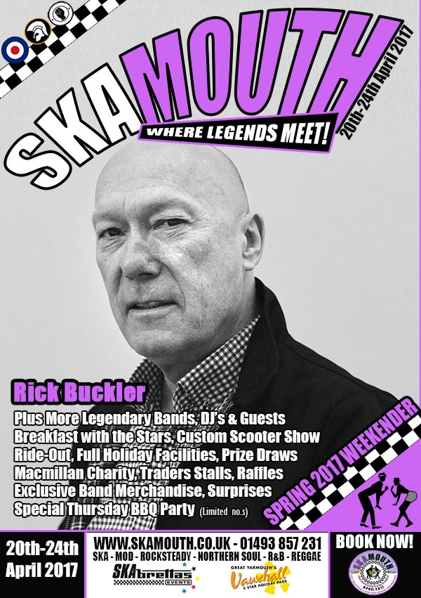 Skamouth's tweet photo. @rickbuckleruk @Skamouth @VauxhallHoliday  April 20 - 24 to book 01493 857231 #letsgettogetherandfeelalright #wherelegendsmeet #skamouth https://t.co/nnQIenhObS