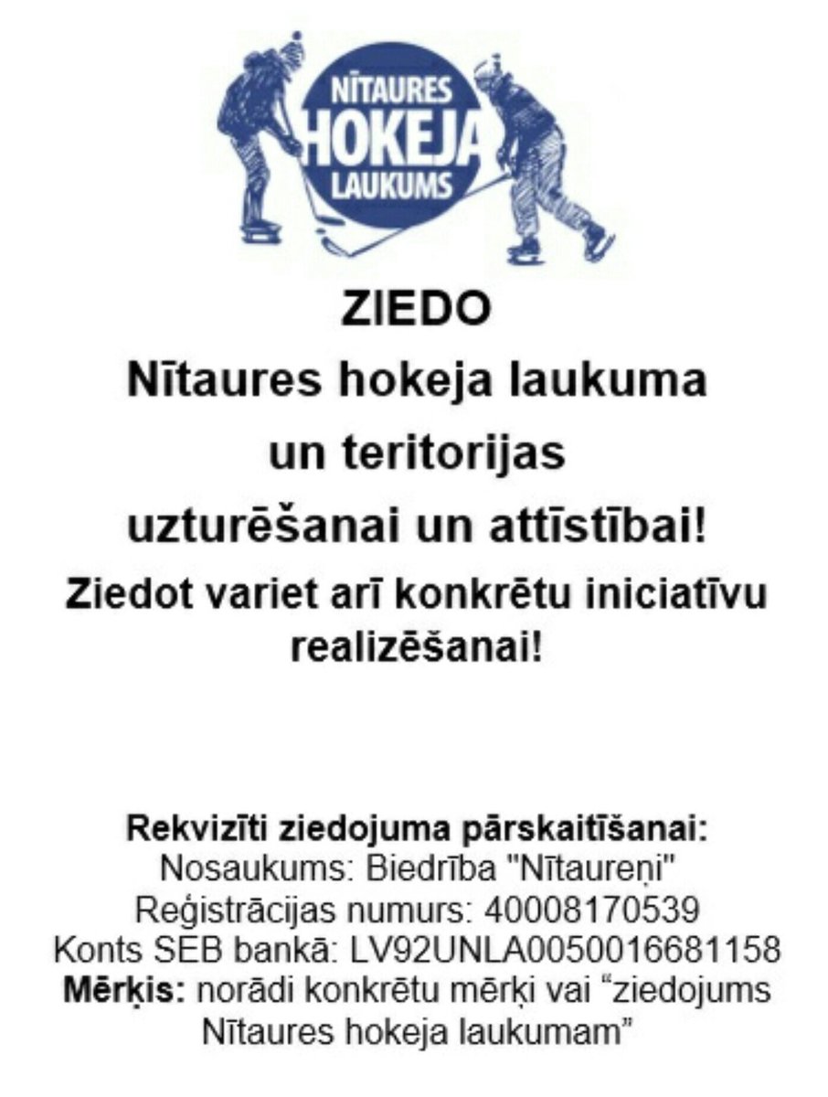 Nitaureni's tweet photo. Slidot Nītaures hokeja laukumā varēs sākot ar pirmdienu, 9.janvāri!
Tikmēr aicinām ziedot laukuma uzturēšanas un labiekārtošanas darbiem! https://t.co/wybG9s2z2E