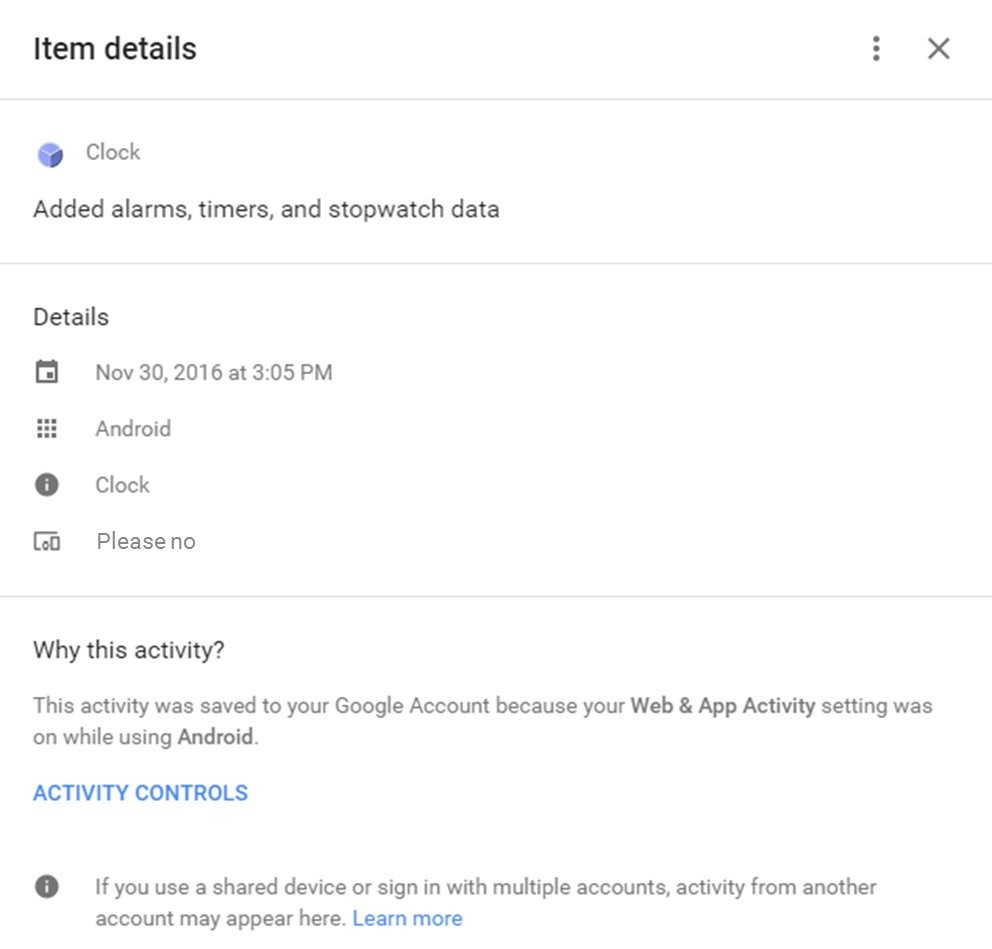 rjpentelec's tweet image. I just found that Google&apos;s History stores Clock data with everything else, so my bad habit of setting 6-7 alarms is also there every day.