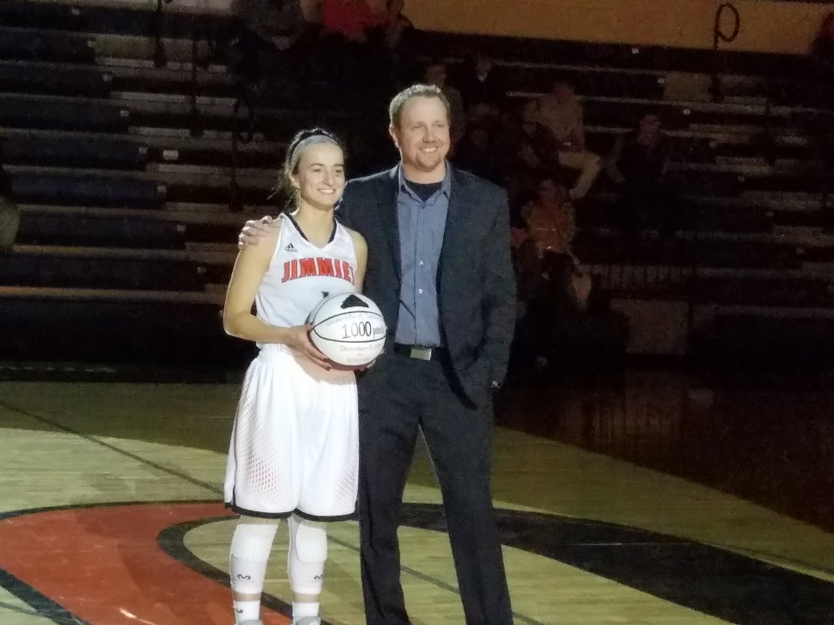 NCADemeritus's tweet photo. Celebrating Kyra Dewald's 1,000th career point before tonight's @jimmie_wbb game tonight.  Congrats Kyra!  Now let's beat the Vikings. https://t.co/WM5Ri6ztSZ
