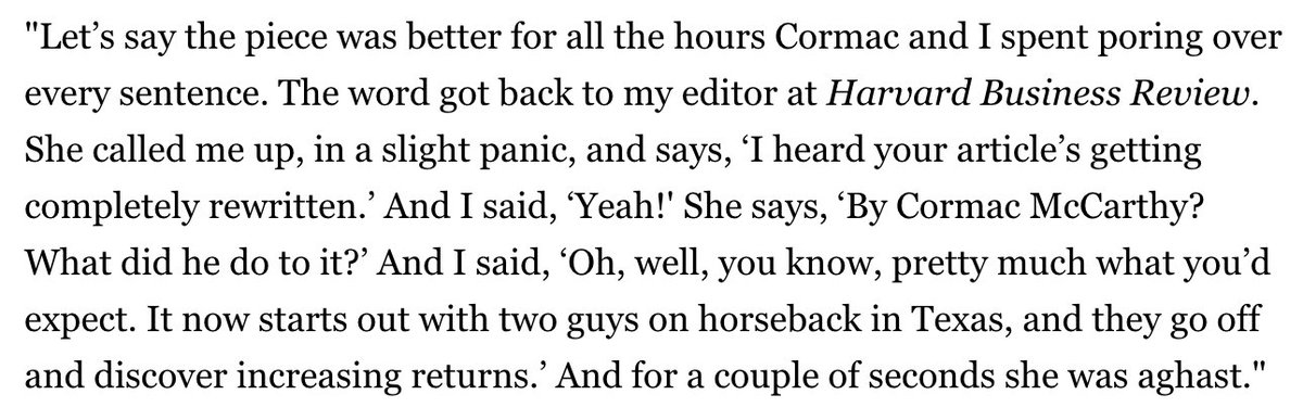 mattrickard's tweet photo. TIL Cormac McCarthy edited the seminal article "Increasing Returns and the New World of Business" https://t.co/mLyWaNZXf1 https://t.co/QssveFF72T