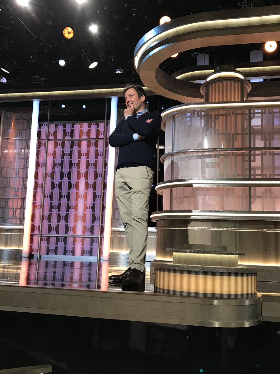 goldenglobes's tweet photo. .@jimmyfallon takes a moment to ponder life at the #GoldenGlobes rehearsal. Watch him take the stage tomorrow night, LIVE on NBC at 8p ET! https://t.co/xo2xobIK9F