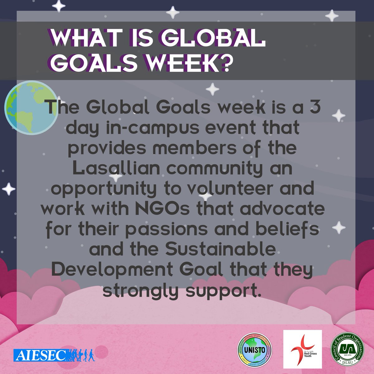 AIESECinDLSU's tweet photo. Take action with Global Goals Week! Visit us at the Henry Sy Senior Grounds from January 10 to 12. See you there!
#GGweek
#AIESECinDLSU https://t.co/y5tf8koTHO
