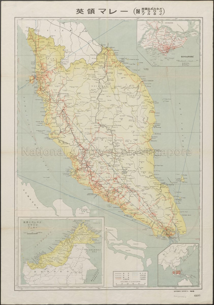 sgbattletours's tweet photo. Change of pace, 1938 map of Peninsula Malaya in Japanese. Note the detail of the road network in Malaya and Singapore #forewarnedforearmed https://t.co/mXlsIFDGZY