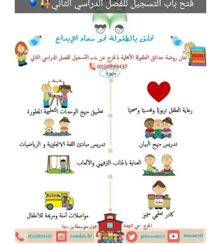Htrawdat11's tweet photo. يسر روضة حدائق الطفولة الاهلية فتح باب التسجيل للفصل الدراسي الثاني 🎈 https://t.co/a4XlrkB6OI