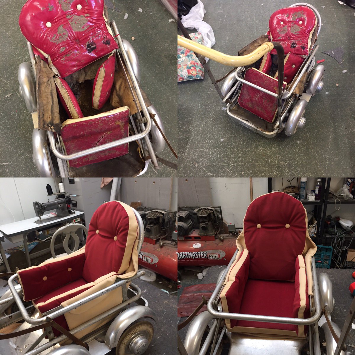 Re_Upholstery's tweet photo. Before/after #souplex pram #fabric used ( Eden col80/81 Aqua Clean ) #suffolk #essex #norfolk #woodbridge #southwold #aldeburgh #london #uk https://t.co/61I7NcIbsa