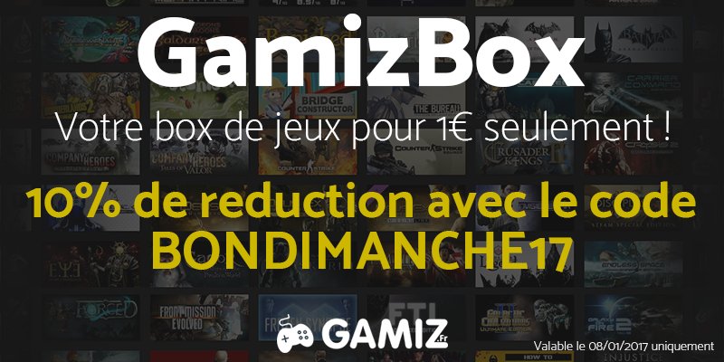 GamizFr's tweet photo. Profitez de -10% sur #GamizBox aujourd'hui avec le code promo BONDIMANCHE17 ! 😎 https://t.co/uGRmyCgiHq