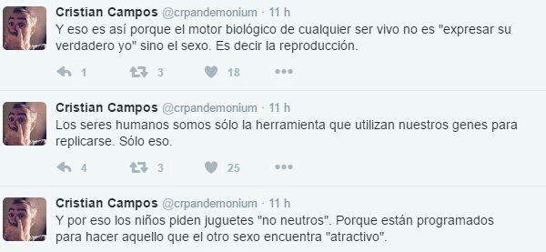 Los niños piden juguetes no neutros. Están programados para hacer aquello que el otro sexo encuentra atractivo. Los seres humanos somos solo la herramienta que utilizan nuestros genes para replicarse. Solo eso. Y eso es así porque el motor de todo ser vivo no es "expresar su verdadero yo", sino la reproducción. Es decir, el sexo.