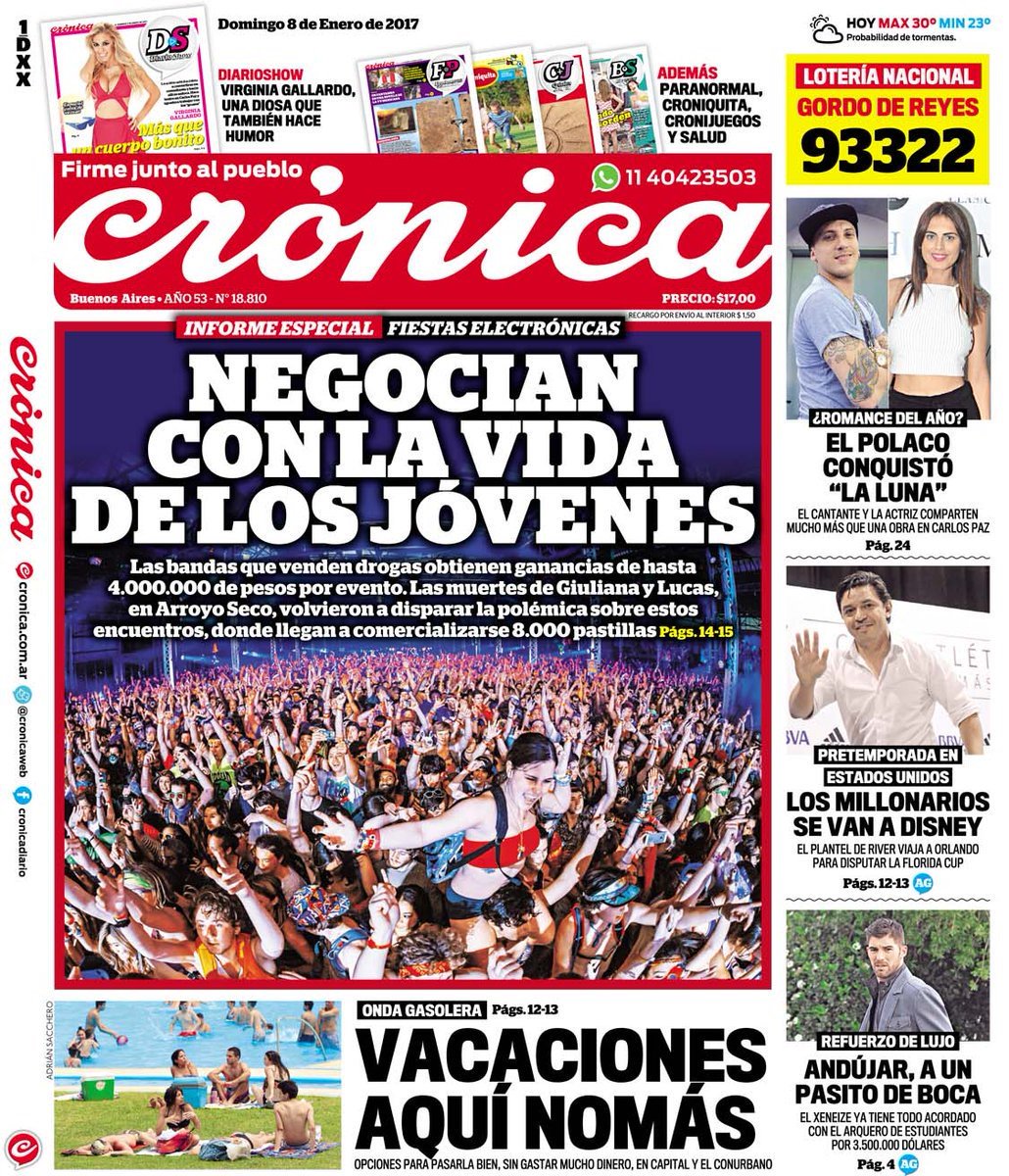 Cronica_ok's tweet photo. La tapa: El negocio de las #FiestasElectrónicas, el Polaco conquistó a Luna, Andújar cerca de Boca, vacaciones gasoleras y pedí #LosSuples https://t.co/ELX1wX0wbs