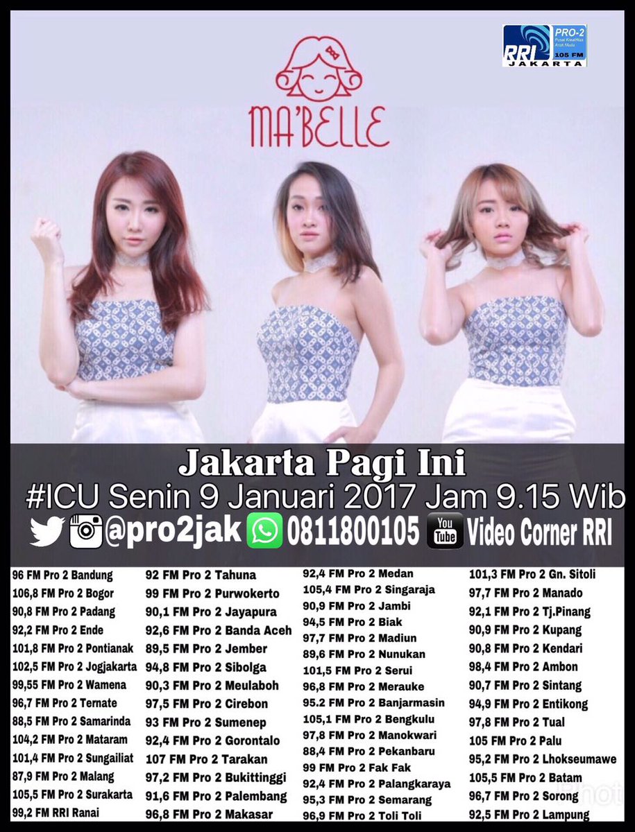 Senin semangat karena di ICU @pro2jak &amp; Pro2Network hari ini ada <a href="/OfcMaBelle/">MaBelle</a>. Tungguin di jam 9.00 WIB yess! #ICUPro2FM_Mabelle