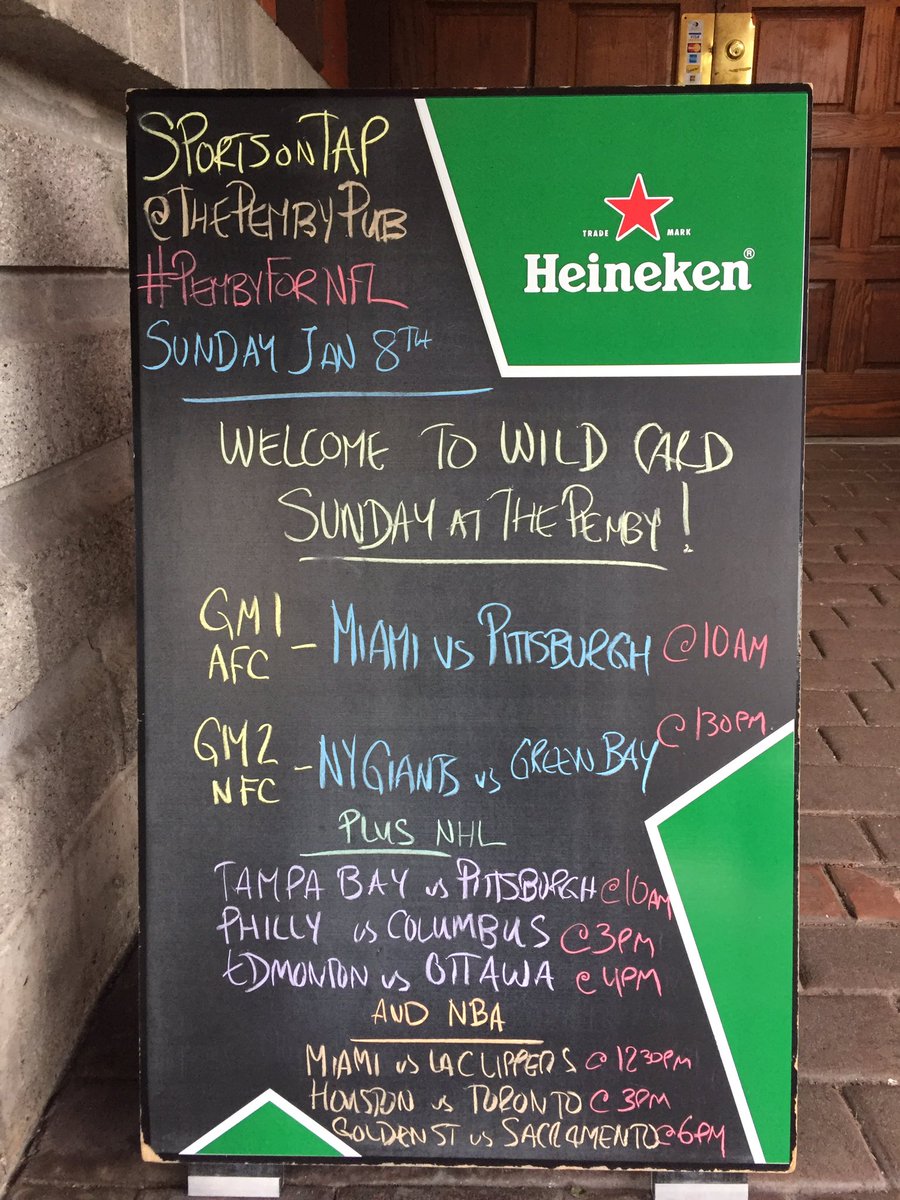 ThePembyPub's tweet photo. Sunday Funday @ThePembyPub with Wild Card Weekend. phins vs Steelers @ 10am. Win a Landry jersey. @NYGiants vs @Packers @ 1:30 #PembyForNFL https://t.co/QsUJIjFaM5