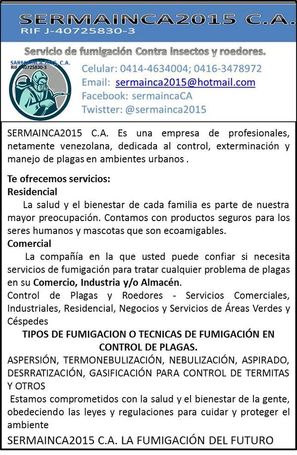 sermainca2015's tweet image. SERVICIO DE CONTROL DE PLAGASPARA EMPRESAS Y HOGAR. ARAGUA -VENEZUELA.
#SERVICIO
#FUMIGACIONES
#Empresas
#Locales
#Negocios
#Maracay
#Aragua