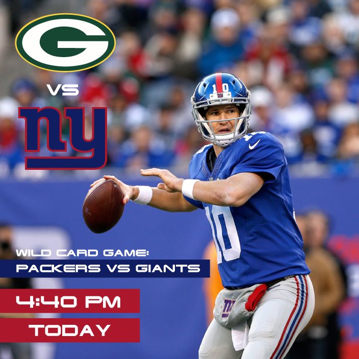 Happy Sunday! Join us for the #WildCard game between <a href="/packers/">Green Bay Packers</a> and <a href="/Giants/">New York Giants</a> at 4:40pm! #NFL
