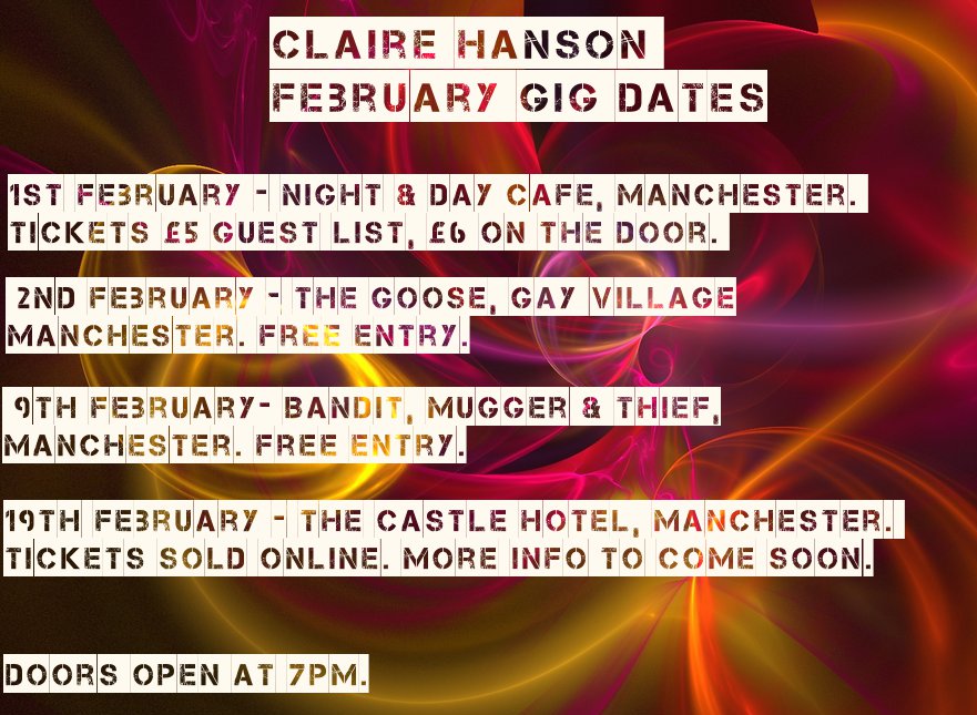 chansmusic's tweet photo. Gigs next month! #february #music #Manchester #nightanddaycafe #thegoose #gigs #gigscene #clairehanson https://t.co/sIycsmtnCS