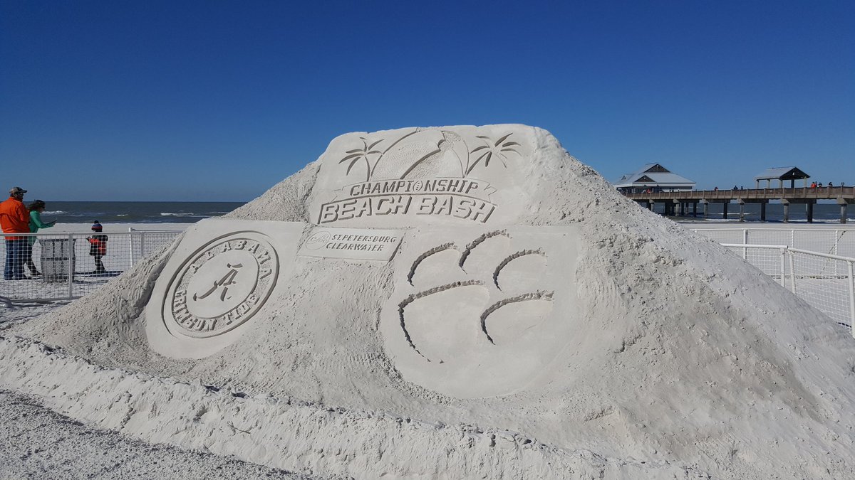 VisitSPC's tweet photo. Sand sculptures > snow sculptures! The #CFBPlayoff has officially hit #ClearwaterBeach for today's #ChampBeachBash 🌴🏈🌞 #RollTide #ALLIN https://t.co/eYSJjk7sGd