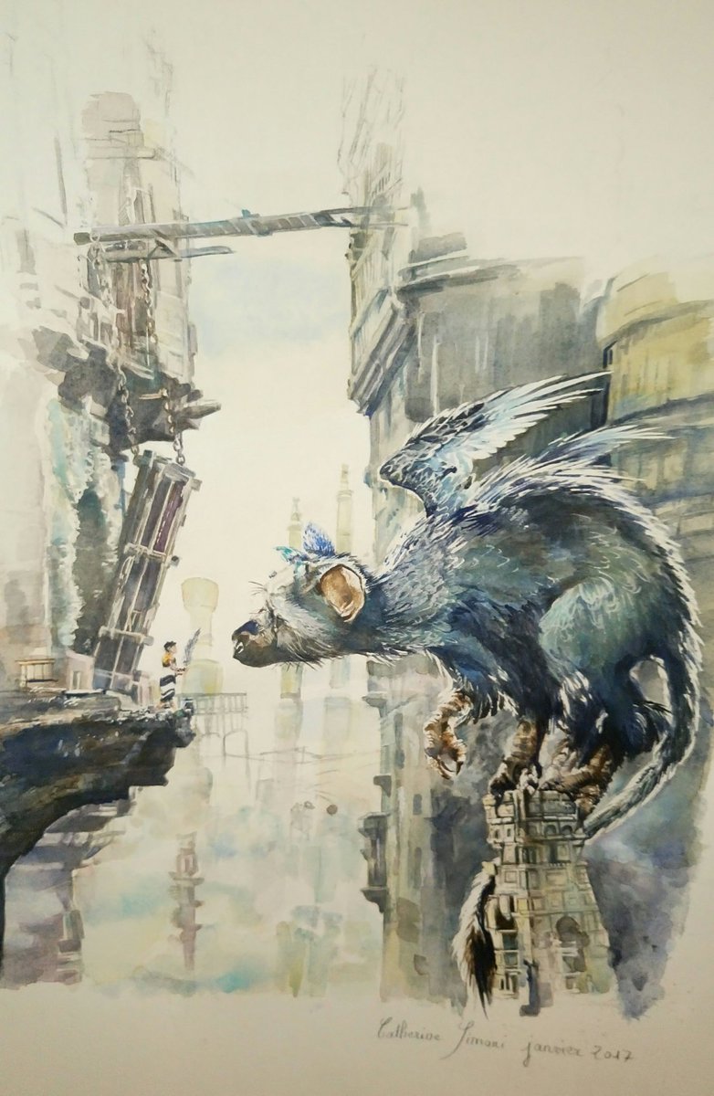 WandererHour's tweet image. My aunt just offered me this (watercolor painting)... I don't have the words... #TheLastGuardian / @fumito_ueda @genDESIGN_Inc @yosp