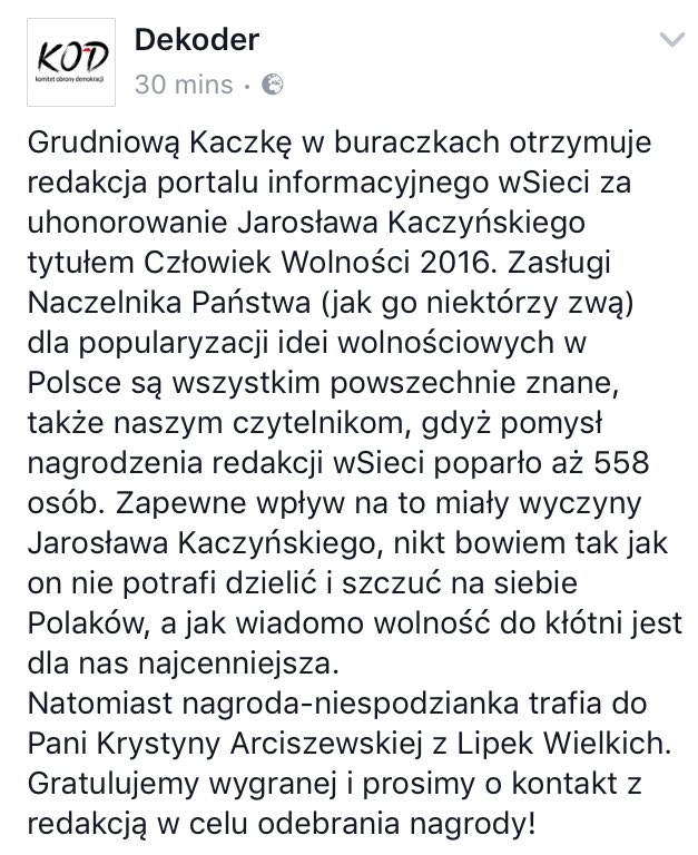 BiuletynDEKODER's tweet image. Gruniową 'Kaczkę w buraczkach' #dekoder'a otrzymuje redakcja @Tygodnik_Sieci Prosimy o kontakt w/spr odbioru nagrody facebook.com/BiuletynDEKODE…